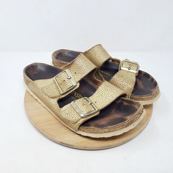 Birkenstock Arizona 38 Womens 7 Sandals Gold Pebble Leather Reptile Buckle Slide - Picture 6 of 12